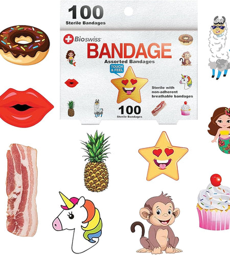 Kids Bandaids - Self-Adhesive Bandages Bulk Colorful Funny Cute Toddler Girls & Boys, Adults First Aid, Novelty Gag Gift 100Pcs (Assorted 100 Pack)