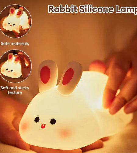 Cute LED Night Light Touch Sensor Cartoon Kid'S Nightlights Big Face Rabbit Silicone Night Light Christmas Gift Bedside Lamp Home Decor