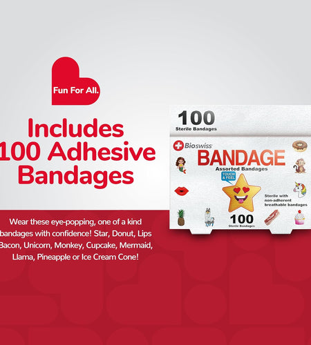 Kids Bandaids - Self-Adhesive Bandages Bulk Colorful Funny Cute Toddler Girls & Boys, Adults First Aid, Novelty Gag Gift 100Pcs (Assorted 100 Pack)