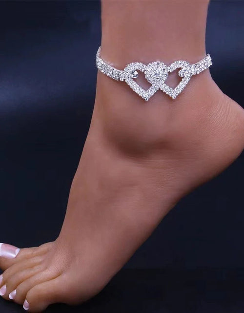 Load image into Gallery viewer, Double Heart Anklet Bracelet Love Barefoot Chain Bling Crystal Ankle Bracelet US
