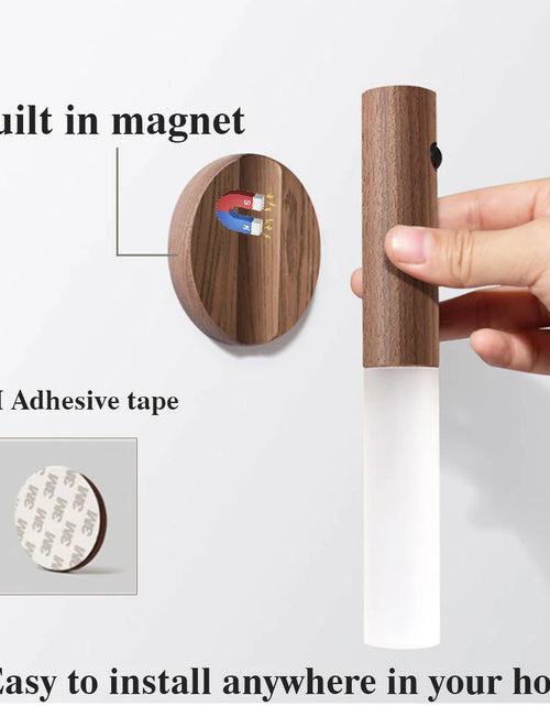 Load image into Gallery viewer, Auto LED USB Magnetic Wood Wireless Night Light Corridors Porch Lights PIR Motion Sensor Wall Light Cabinet Lamp
