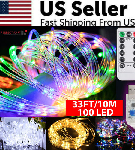 33FT 100 LED Strip Rope Light Tube String Outdoor Garden Party Decoration Lights