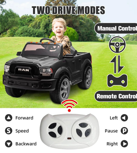 Dodge RAM Ride on Car, 12V Powered Ride on Toy with Remote Control, Rear Wheel Suspension, 5 Point Safety Belt, MP3 Player, Bluetooth, LED Lights, Electric Vehicles for 3-8 Years Boys Girls, Black
