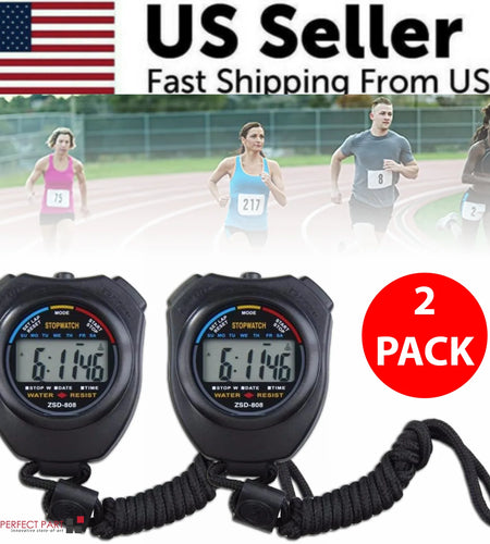 2PCS SET Digital Stopwatch Sports Counter Chronograph Date Timer Odometer Watch
