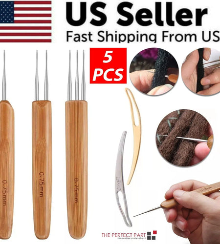 5Pcs DIY Crochet Needle Hook Bamboo Handle Dread Knit Hair Making Braiding Tool
