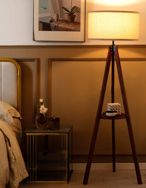 Load image into Gallery viewer, Tripod Floor Lamp Wood Standing Lamp with Flaxen Lamp Shade and E26 Lamp Base
