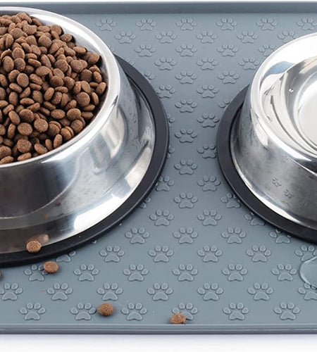 Cat & Dog Food Mat, Sillicone Waterproof Pet Bowl Placement Tray to Stop Food Spills and Water Messes Out to Floor (M: 18.9X11.8In, Grey)