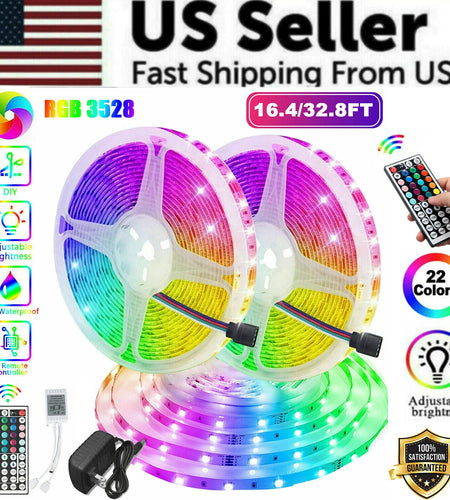 32FT LED SMD Strip Light Flexible 3528 RGB Remote Fairy Lights Room TV Party Bar