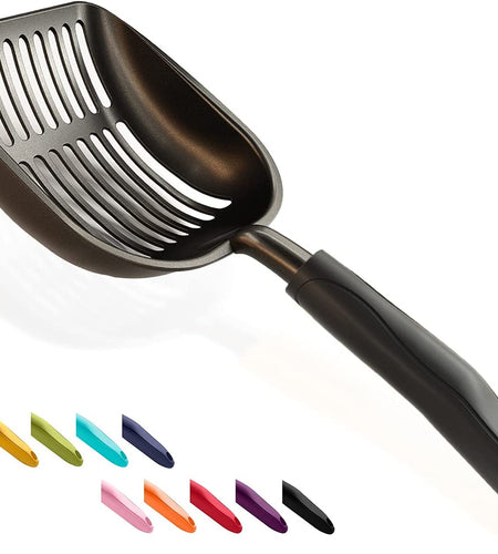 Cat Litter Scoop, Non Stick Plated Aluminum Alloy Sifter, Kitty Metal Scooper, Deep Shovel, Long Handle, Poop Sifting, Kitten Pooper Lifter, Coated Black Body with Black Handle