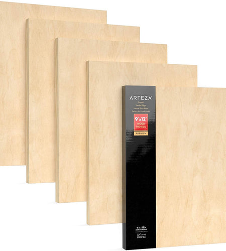 Wooden Canvas Board, 9X12 Inch, Pack of 5, Birch Wood, Cradled Artist Wood Panels for Painting, Encaustic Art, Wood Burning, Pouring, Use with Oils, Acrylics