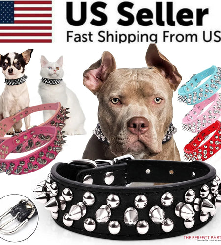 Spiked Studded Leather Dog Collar Rivets Pet Small Large Cat Pit Bull Adjustable