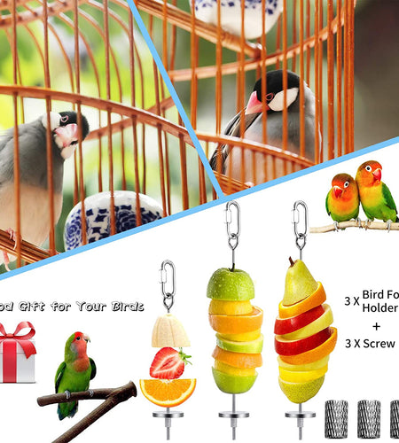 3Pcs Bird Food Holder, Bird Feeder Toy, Stainless Steel Small Animal Fruit Vegetable Stick Skewer, Foraging Hanging Food Feeding Treating Tool for Parrots Cockatoo Cockatiel Cage