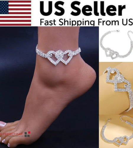 Double Heart Anklet Bracelet Love Barefoot Chain Bling Crystal Ankle Bracelet US