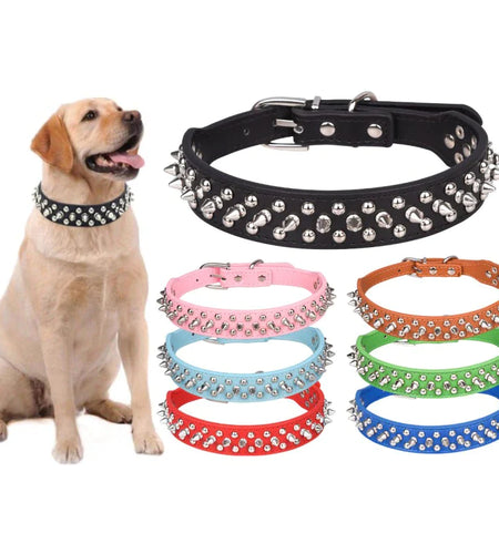 Spiked Studded Leather Dog Collar Rivets Pet Small Large Cat Pit Bull Adjustable