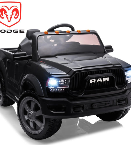 Dodge RAM Ride on Car, 12V Powered Ride on Toy with Remote Control, Rear Wheel Suspension, 5 Point Safety Belt, MP3 Player, Bluetooth, LED Lights, Electric Vehicles for 3-8 Years Boys Girls, Black