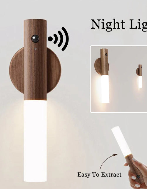 Load image into Gallery viewer, Auto LED USB Magnetic Wood Wireless Night Light Corridors Porch Lights PIR Motion Sensor Wall Light Cabinet Lamp
