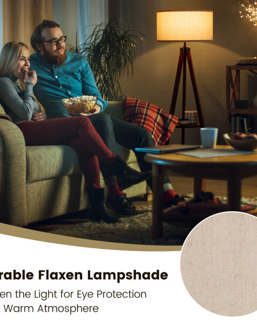 Load image into Gallery viewer, Tripod Floor Lamp Wood Standing Lamp with Flaxen Lamp Shade and E26 Lamp Base
