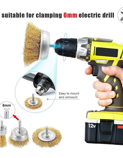 Load image into Gallery viewer, 2-Pack 3 Pcs Wire Brush Wheel Set Cup Drill Bit Rust Paint Attachment 1/4&quot; USA
