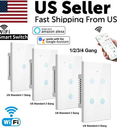 1/2/3/4 Gang Wifi Smart Wall Touch Light Switch Glass Panel for Alexa/Google APP
