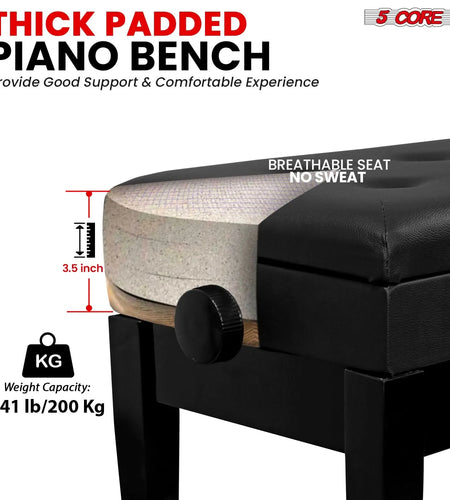 5CORE Duet Piano Bench W Storage for Two Wooden Adjustable Keyboard Stool - Adults & Kids