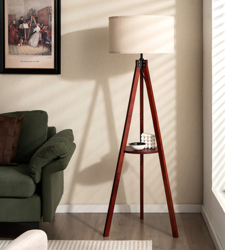 Tripod Floor Lamp Wood Standing Lamp with Flaxen Lamp Shade and E26 Lamp Base