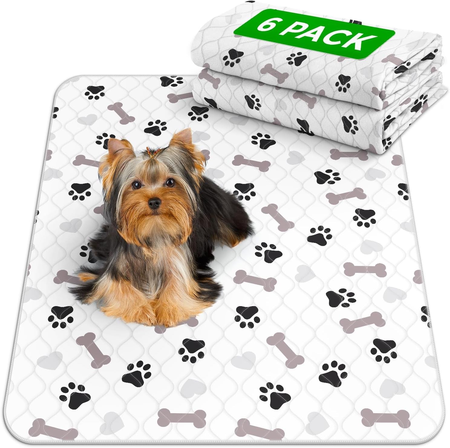 Washable Pee Pads for Dogs - Waterproof Reusable Puppy Pads with Anti-Slip Backing, Pet Training Pad for Puppy Playpen, Crate, Whelping Box, Potty Training (Pack of 6 - 30X34)