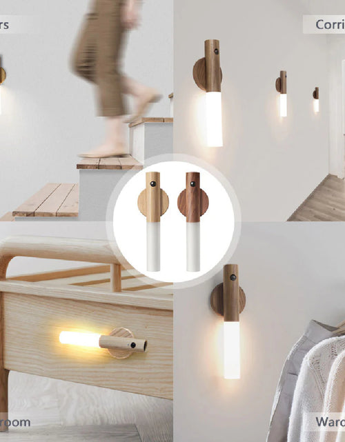 Load image into Gallery viewer, Auto LED USB Magnetic Wood Wireless Night Light Corridors Porch Lights PIR Motion Sensor Wall Light Cabinet Lamp
