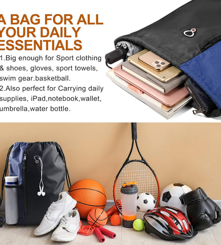 Drawstring Backpack Sports Gym Bag for Women Men Children Large Size with Zipper and Water Bottle Mesh Pockets