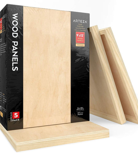 Wooden Canvas Board, 9X12 Inch, Pack of 5, Birch Wood, Cradled Artist Wood Panels for Painting, Encaustic Art, Wood Burning, Pouring, Use with Oils, Acrylics